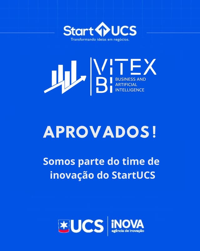 Imagem ilustrativa com logo da VitexBI e UCS Inova, comemorando a aprovação no edital StartUCS