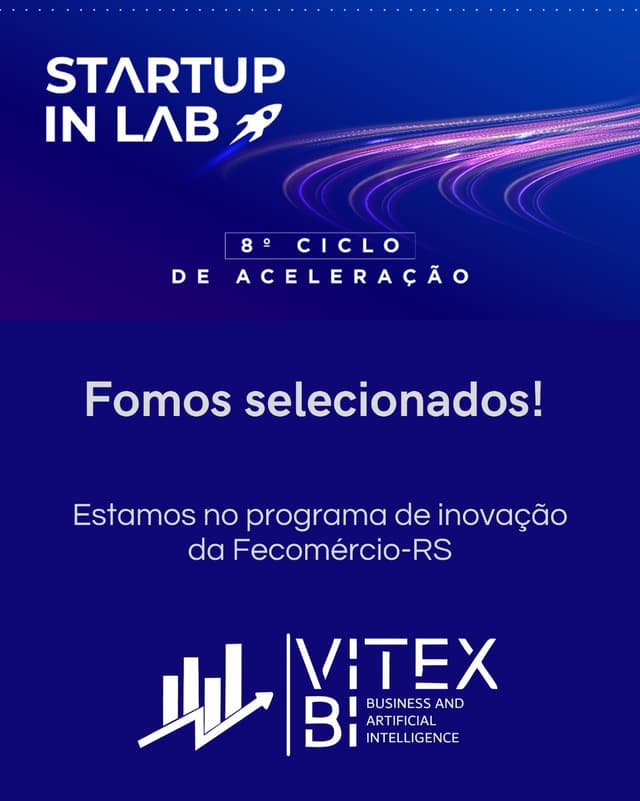 Imagem ilustrativa com logo da VitexBI e fundo azul comemorando a seleção no Startup in Lab da Fecomércio-RS